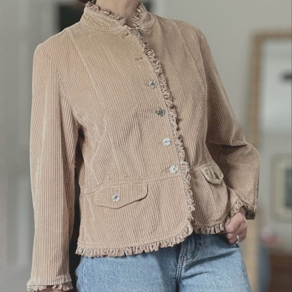 J.Jill Taupe Velvet Ruffle Trim Corduroy Blazer Jacket